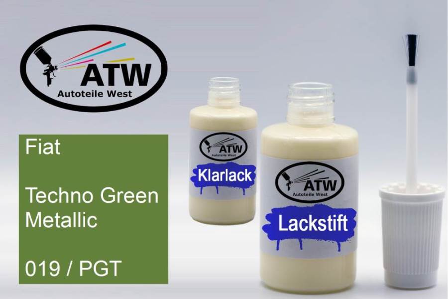 Fiat, Techno Green Metallic, 019 / PGT: 20ml Lackstift + 20ml Klarlack - Set, von ATW Autoteile West.